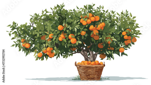 Vibrant Orange Tree and Full Basket on White Background