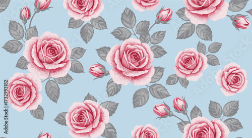 Seamless pattern of pink roses and delicate buds with grey leaves on a light blue background