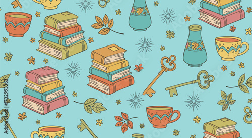 Cozy seamless pattern with hand-drawn books, teacups, and vintage keys