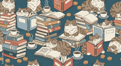 Whimsical seamless pattern design featuring cute cats reading books, drinking coffee, and relaxing in a cozy library setting