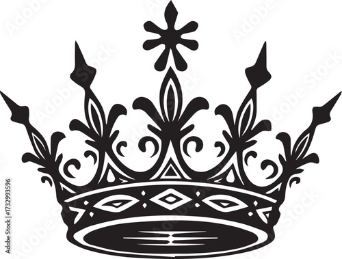 Ornate royal crown with intricate flourishes and pointed tips, symbolizing power, elegance, and regal authority in bold black-and-white heraldic art.


