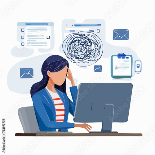 A woman sits at her computer, overwhelmed by tangled thoughts. A modern workspace reflects a stressed mind. Illustrative style.