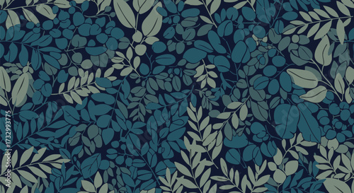 Botanical leaf pattern illustration. Detailed foliage background in blue, teal and green hues
