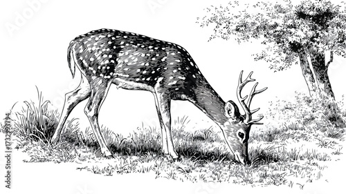 Detailed Vector Illustration of Grazing Chital or Axis Species