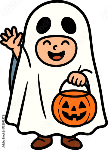 a kid in ghost costume holding jack o lantern halloween pumpkin