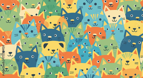 Seamless pattern of cute cartoon cats with cheerful faces in vibrant, bright colors, perfect for children's themes and pet-related designs