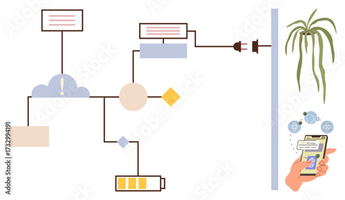 Flowchart linking energy, devices, battery icon, plant, mobile app, and power cord. Ideal for technology, innovation energy efficiency process connectivity green tech IoT concepts. Simple flat