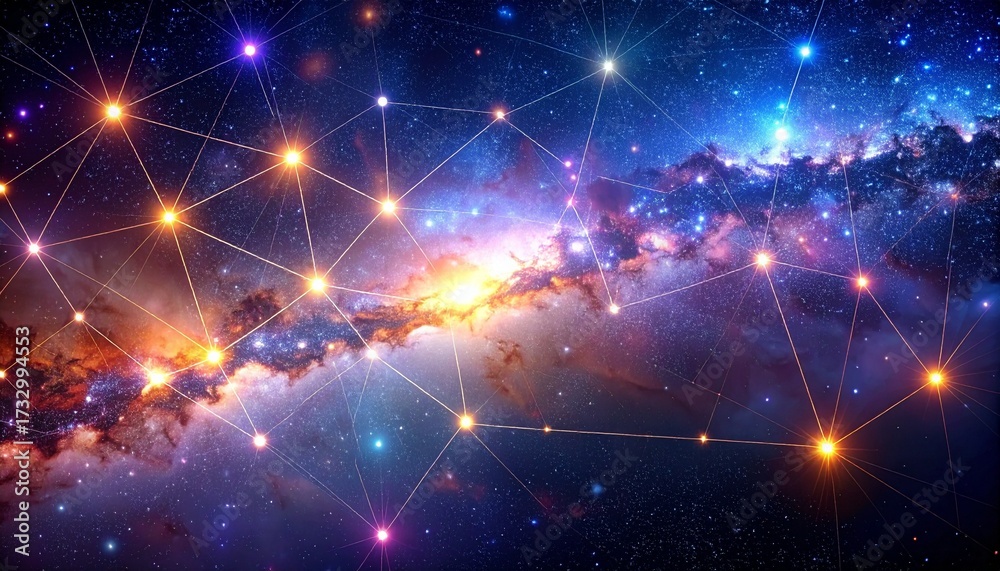 Obraz premium Stunning cosmic network with vibrant stars and nebulae creating a dynamic connected universe, perfect for technology, science, and futuristic concepts
