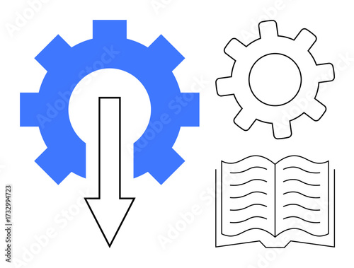 Blue gear with a downward arrow, a smaller outline gear, and an open book symbolizing process optimization, learning, and innovation. Ideal for education, technology, workflow, knowledge sharing