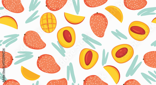 Vibrant seamless pattern with stylized mangoes: whole fruits, slices, and halves. Colorful tropical illustration on a white background