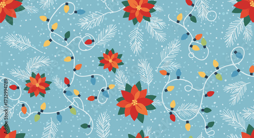 Festive Christmas pattern with poinsettias, snow, and string lights on a teal background