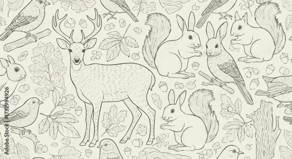 Fototapeta premium Seamless pattern with line art woodland animals: deer, rabbits, squirrels, birds. Rustic forest design with leaves, acorns, and branches