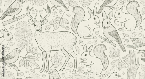 Seamless pattern with line art woodland animals: deer, rabbits, squirrels, birds. Rustic forest design with leaves, acorns, and branches