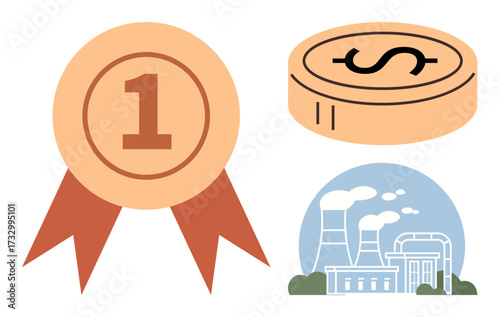 First-place medal with ribbon, coin with currency sign, and industrial plant with chimneys emitting smoke. Ideal for achievement, success, economy, industry, finance, manufacturing competition