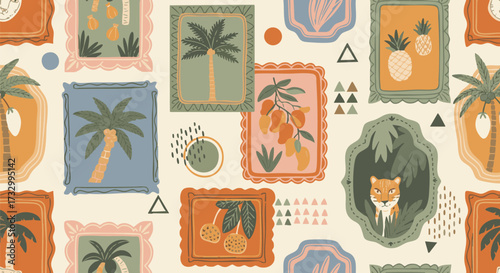 Seamless pattern with a whimsical gallery of framed tropical illustrations