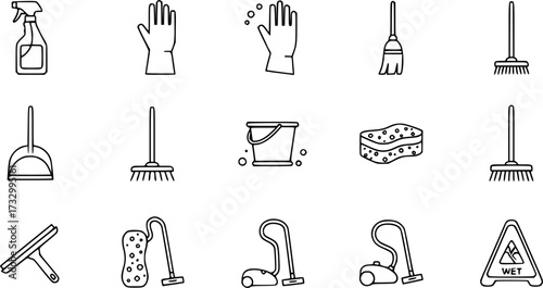Set of simple cleaning line icons.