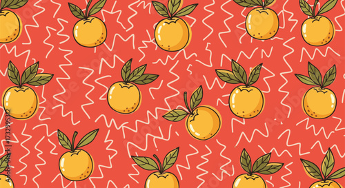 Seamless vector pattern featuring cartoon oranges or citrus fruits with green leaves on a bright red background with scribble lines