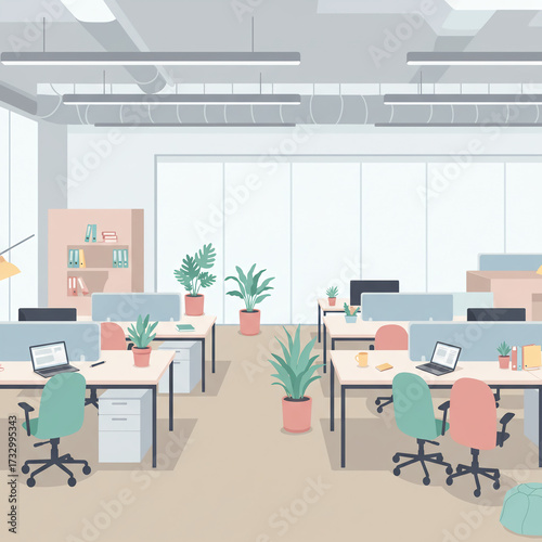 Vector Illustration of Modern Office Interior with Desks, Laptops, and Plants