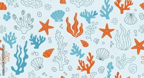 Hand-drawn coral reef pattern with starfish, shells, and algae. This vector design captures an ocean theme with playful, cartoon elements