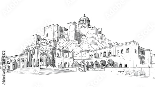 Ishak Pasha Palace Turkey Vector Drawing Cartoon