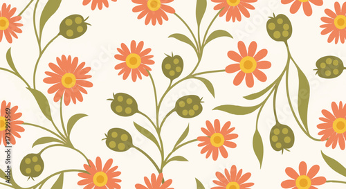 Charming seamless pattern featuring stylized coral flowers, green stems, and seed pods on a light background