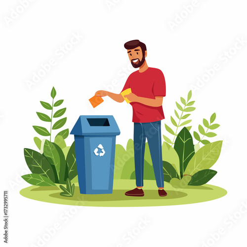 A man adds food scraps to a compost bin in a lush garden. Bright, cheerful illustration depicts sustainable gardening and eco-friendly practices.