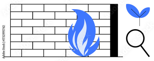 Brick wall with blue flame, blue leaf sprouting plant, and magnifying glass. Ideal for security, data protection, eco-friendly innovation, growth, analysis exploration sustainability. A simple flat