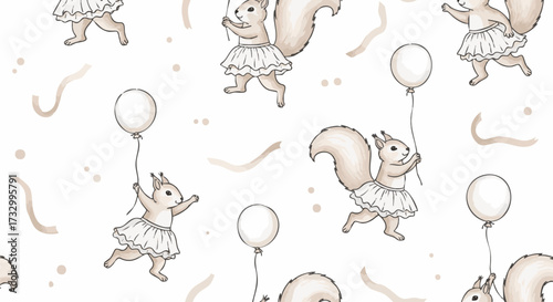 Cute seamless pattern featuring hand-drawn squirrels wearing tutus and holding balloons