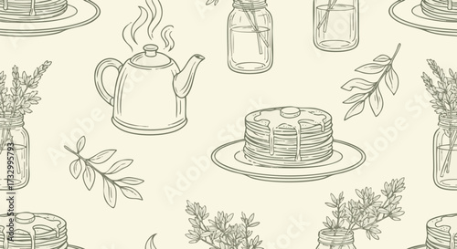 Charming seamless pattern design featuring hand-drawn pancakes, a steaming kettle, and botanicals in jars, evoking cozy breakfast and rustic home decor themes