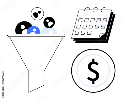 Funnel filtering diverse users alongside calendar for planning and dollar coin for profit. Ideal for marketing, sales, data analysis, financial management, productivity, business goals, simple flat