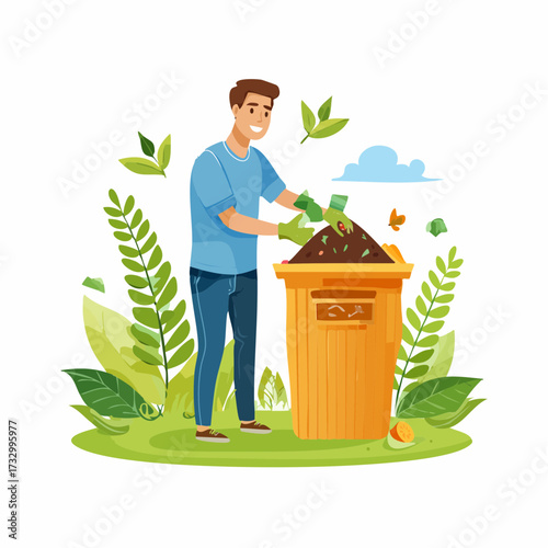 A man adds food scraps to a compost bin in a lush garden. Bright, cheerful illustration depicts sustainable gardening and eco-friendly practices.