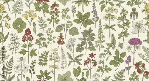 Floral seamless pattern illustration. It features various botanical elements, plants and herbs