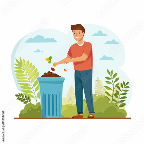 A man adds food scraps to a compost bin in a lush garden. Bright, cheerful illustration depicts sustainable gardening and eco-friendly practices.