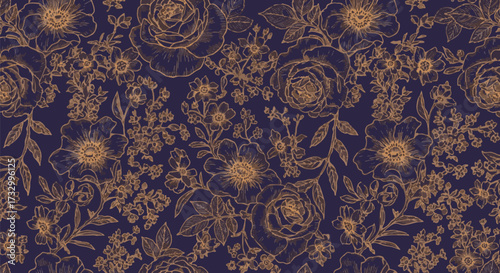 Elegant floral pattern featuring hand-drawn roses and wildflowers in gold outline on a deep navy blue background