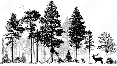 Majestic Forest Trees Silhouettes with Deer Animal