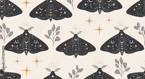 Mystical seamless pattern featuring dark celestial moths adorned with moons, stars, and constellations on a light background