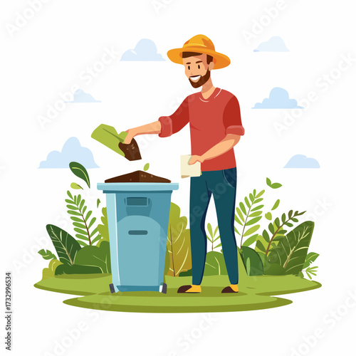 A man adds food scraps to a compost bin in a lush garden. Bright, cheerful illustration depicts sustainable gardening and eco-friendly practices.