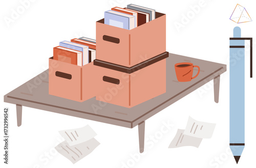 Books stored in boxes on a table, scattered papers, a cup, and a pen evoke organization, learning, and creativity. Ideal for education, office, productivity study minimalism writing teamwork as