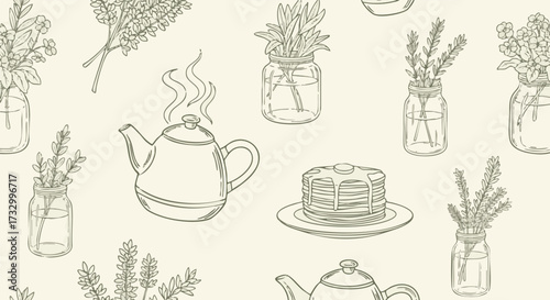 Seamless pattern with sketched teapots, pancakes, and mason jar flower vases