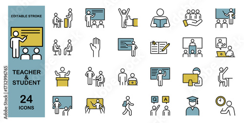 Teacher and Student Education Icon Set – Classroom, Learning, Study, Homework and School Activities. Editable Stroke, Colored Vector Illustration