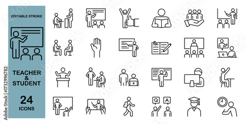 Teacher and Student Education Icon Set – Classroom, Learning, Study, Homework and School Activities. Editable Stroke. Vector Illustration