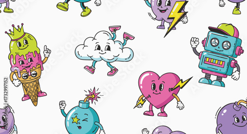 Vibrant seamless pattern featuring funny anthropomorphic cartoon characters like ice cream, a robot, and a dancing cloud