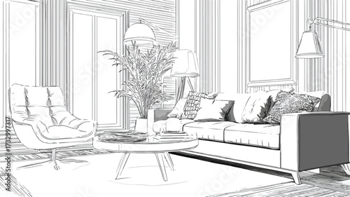 Elegant Modern Living Room Interior Design Vector Illustration