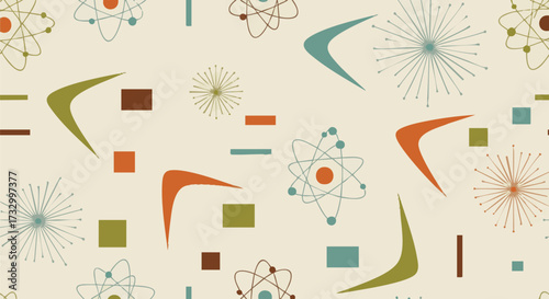 Mid-Century Modern seamless pattern. Atomic Age design. Stylized atoms, boomerangs, starbursts. Retro green, orange, teal, brown on cream