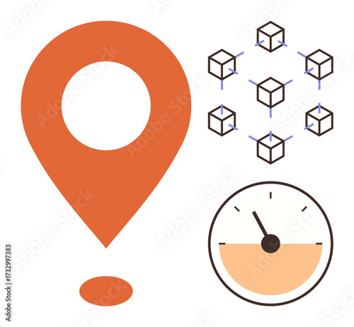 Orange location pin, interconnected blockchain cubes, and speedometer combining themes of efficiency, technology, and navigation. Ideal for logistics, tech, data, speed innovation connectivity