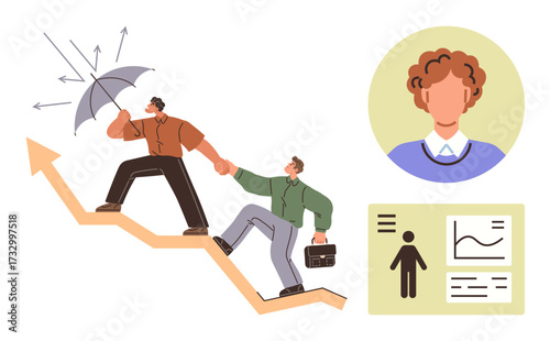 Two individuals climb an arrow-shaped graph while one shields them with an umbrella, symbolizing leadership and support. Ideal for teamwork, leadership, mentorship, challenges, career growth