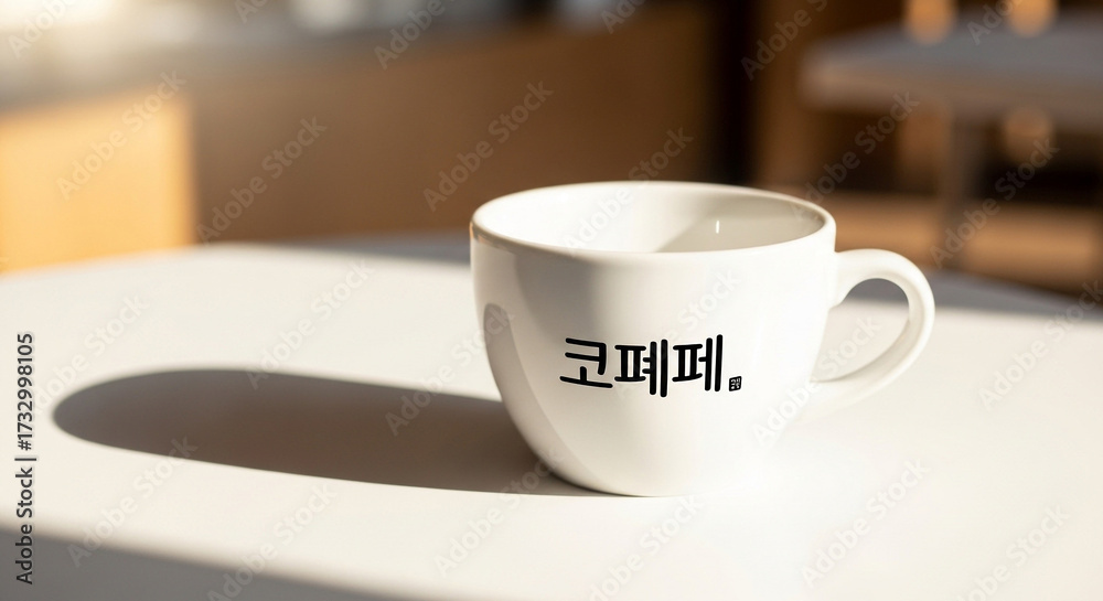 Fototapeta premium Coffee cup with korean text coffee sits on table in the warm sunlight, creating cozy and inviting atmosphere for morning beverage