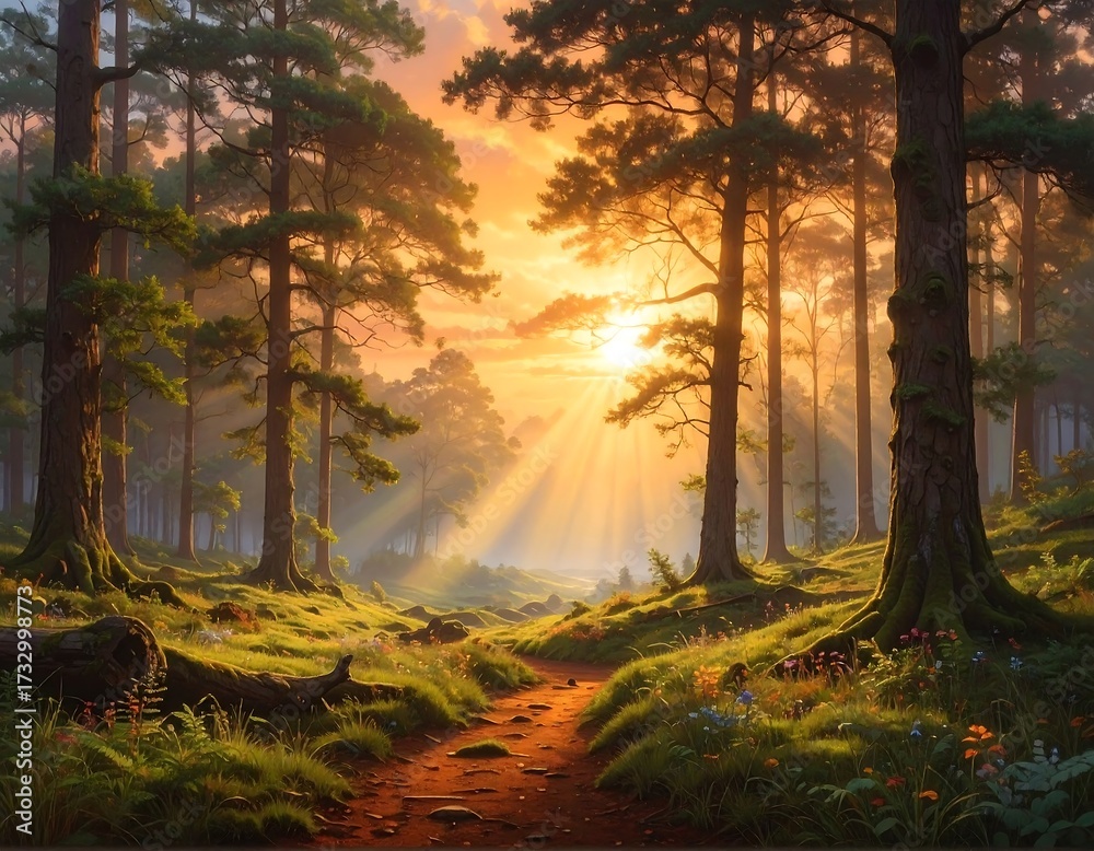 Obraz premium Sunrise path through a pine forest