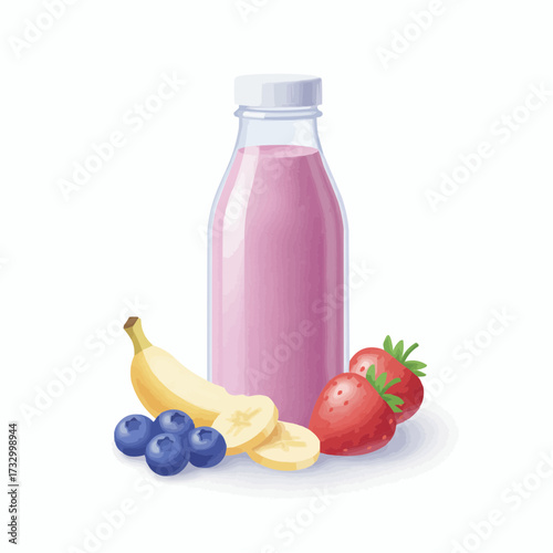 Refreshing berry banana smoothie in a clear bottle with fresh fruits