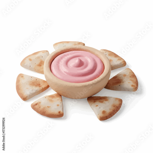 Delicious pink hummus dip surrounded by toasted pita bread slices appetizer food illustration vector